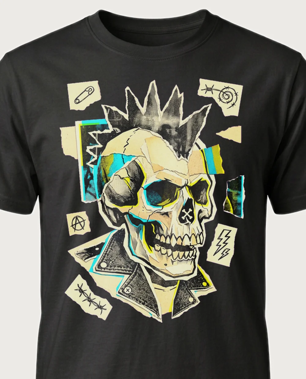 Skull — Ransom Zine on a black tee