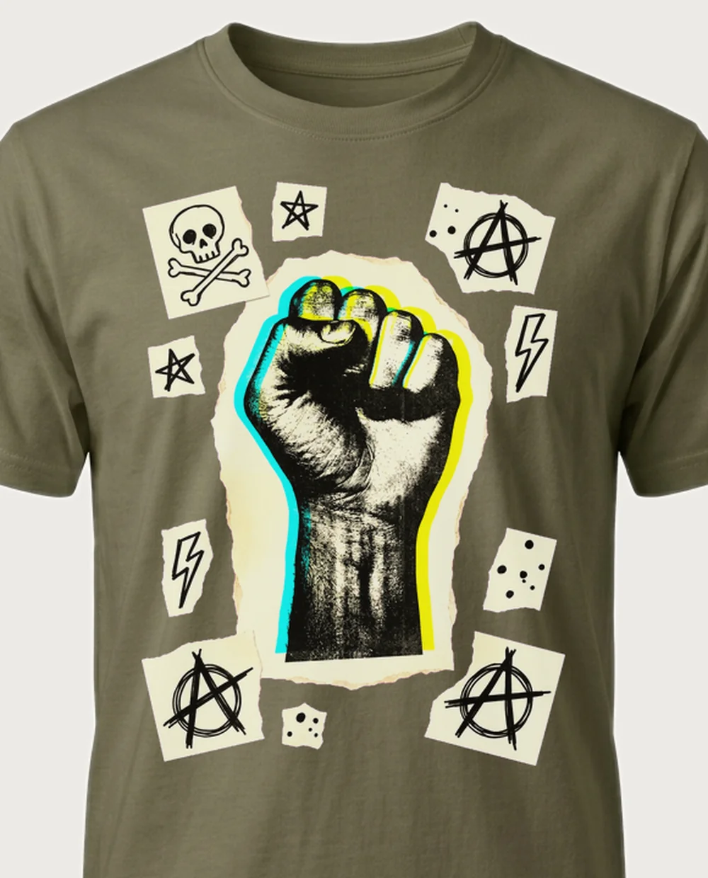 Raised fist — Ransom Zine on a military-green tee