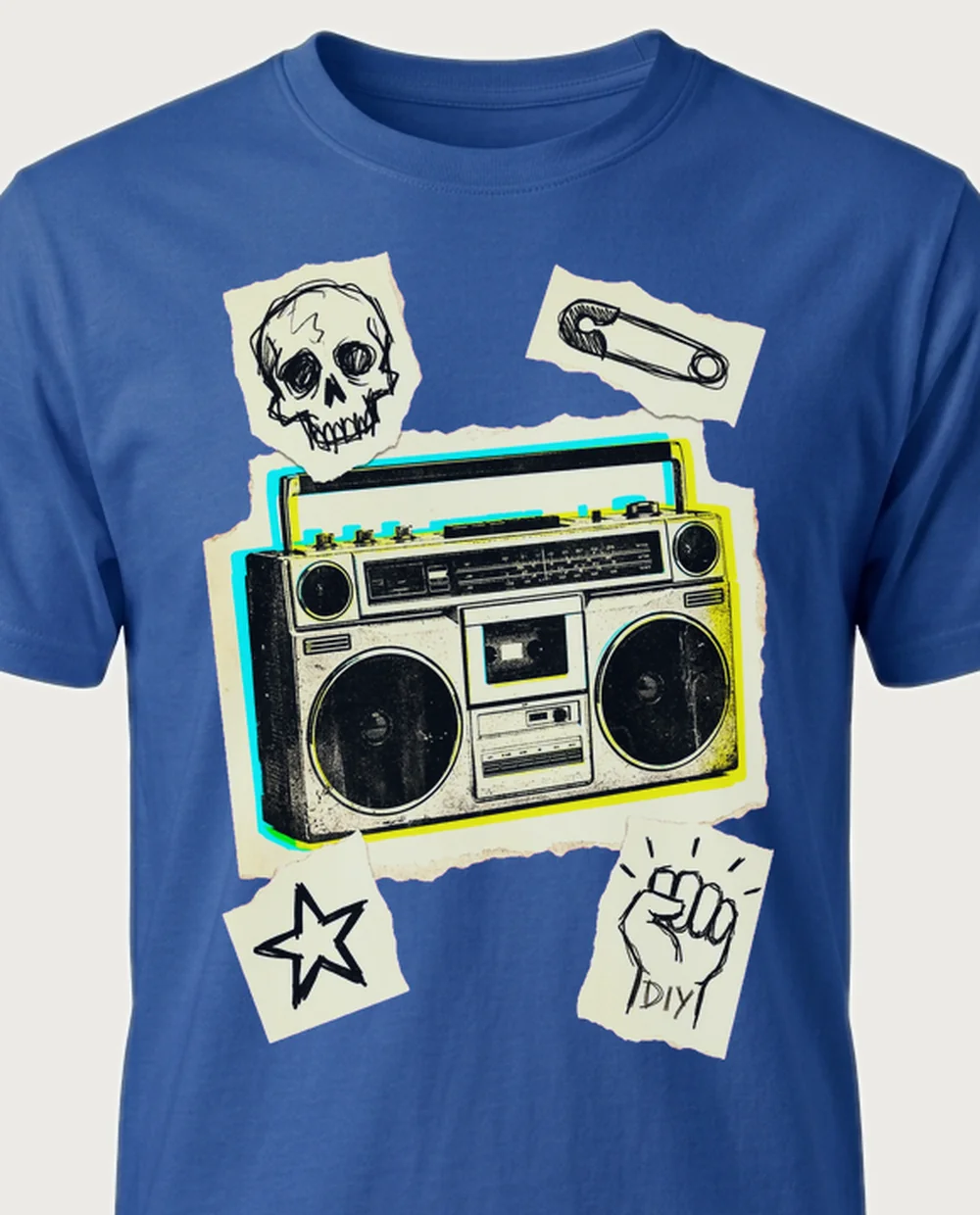 Boombox — Ransom Zine on a royal blue tee