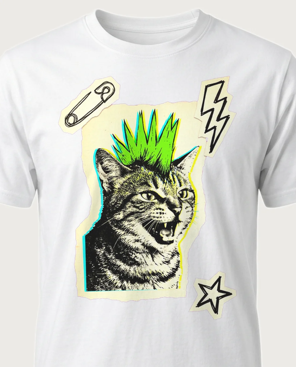 Punk cat — Ransom Zine on a white tee