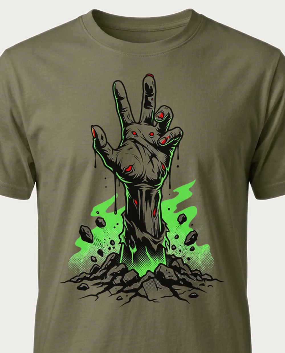 Zombie hand — Retro Horror graphic on a military-green tee