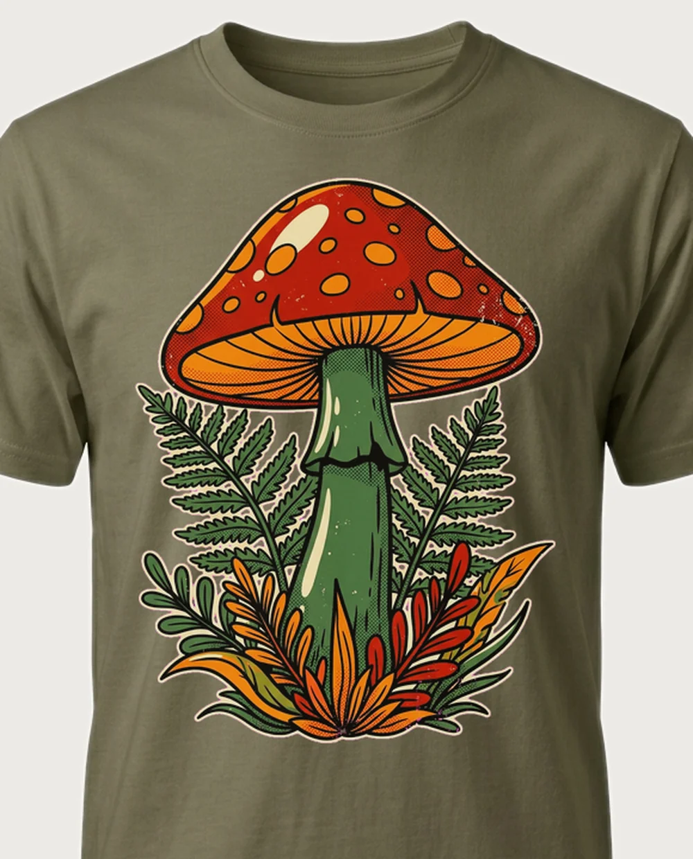 Mushroom — Retro Print graphic on a military-green tee