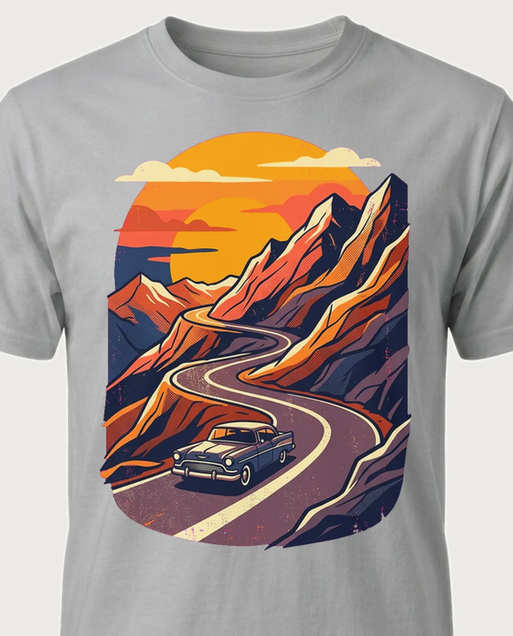 Sunset mountains — Retro Print graphic on a sport grey tee