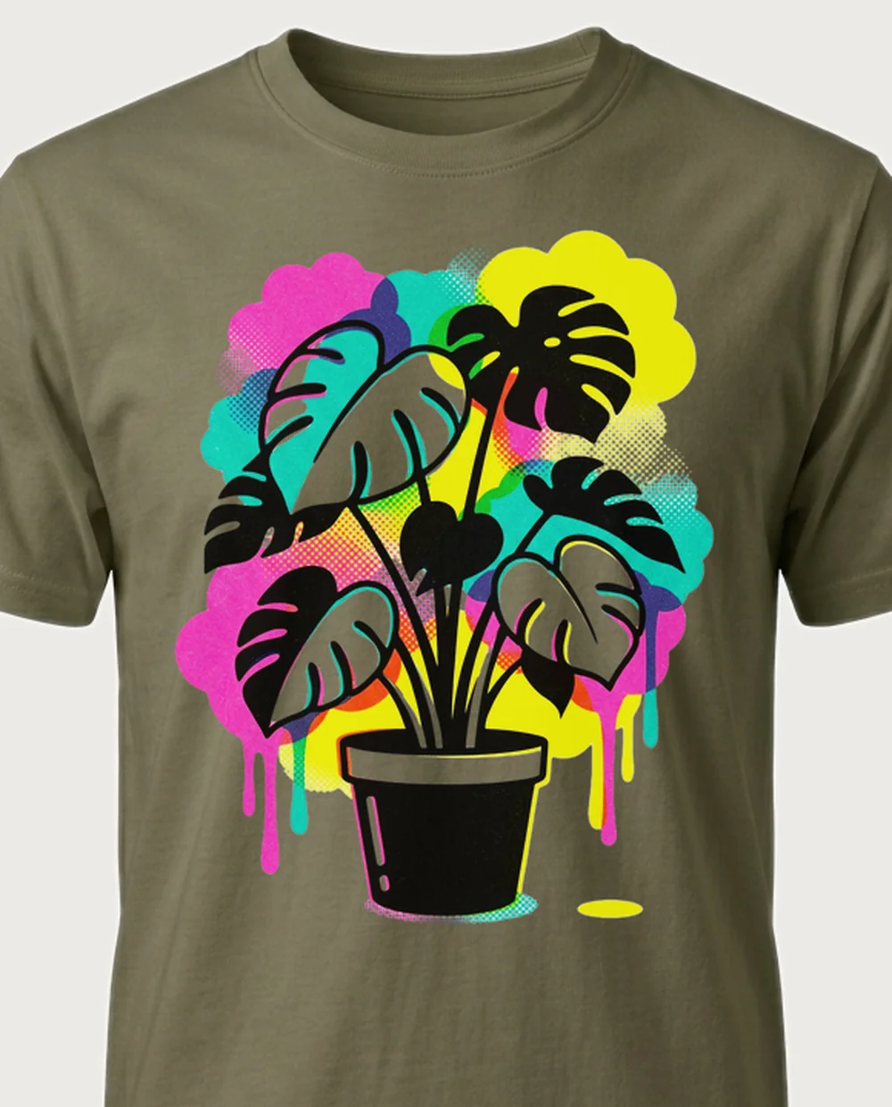 Monstera — Risograph graphic on a military-green tee