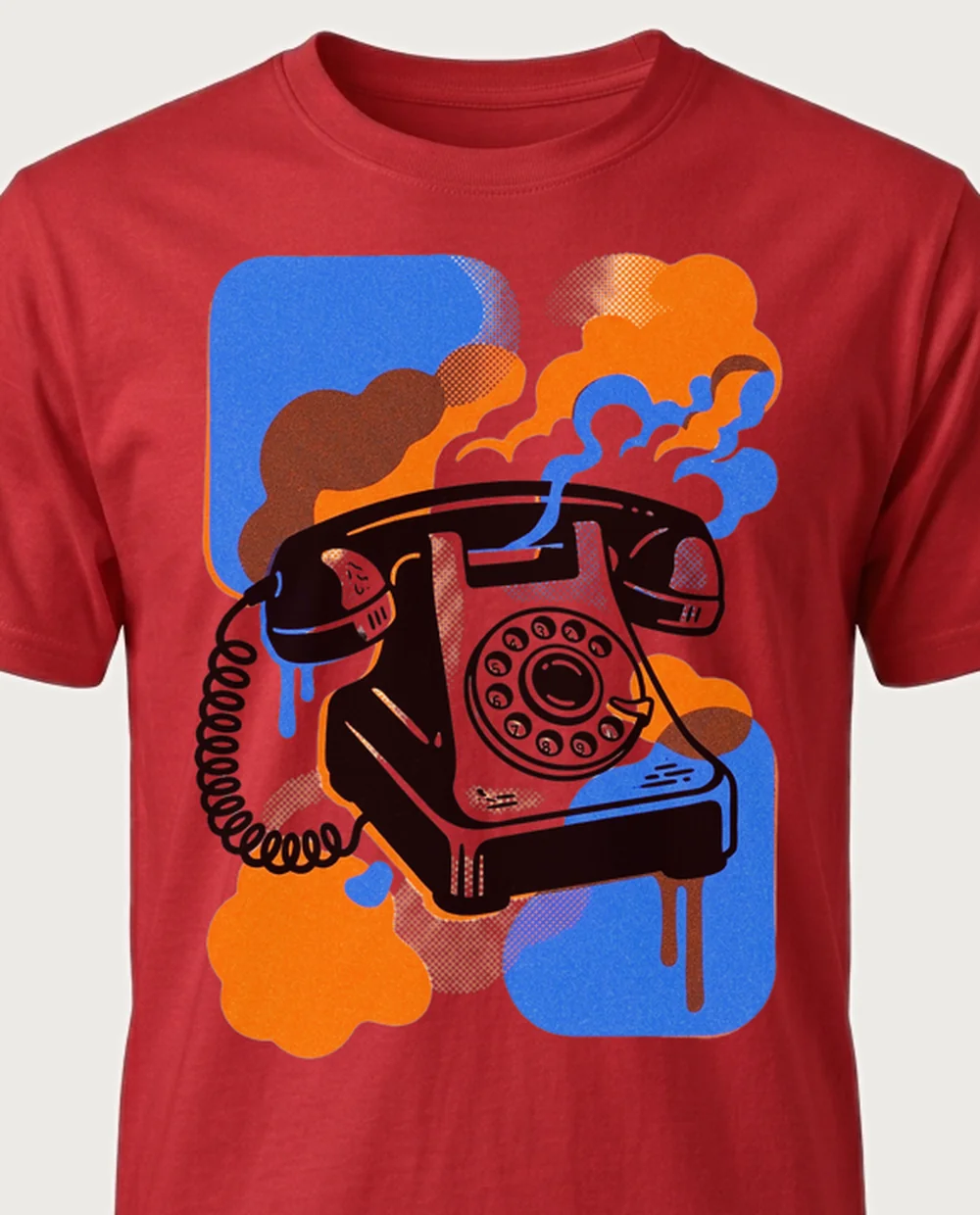 Telephone — Risograph graphic on a red tee
