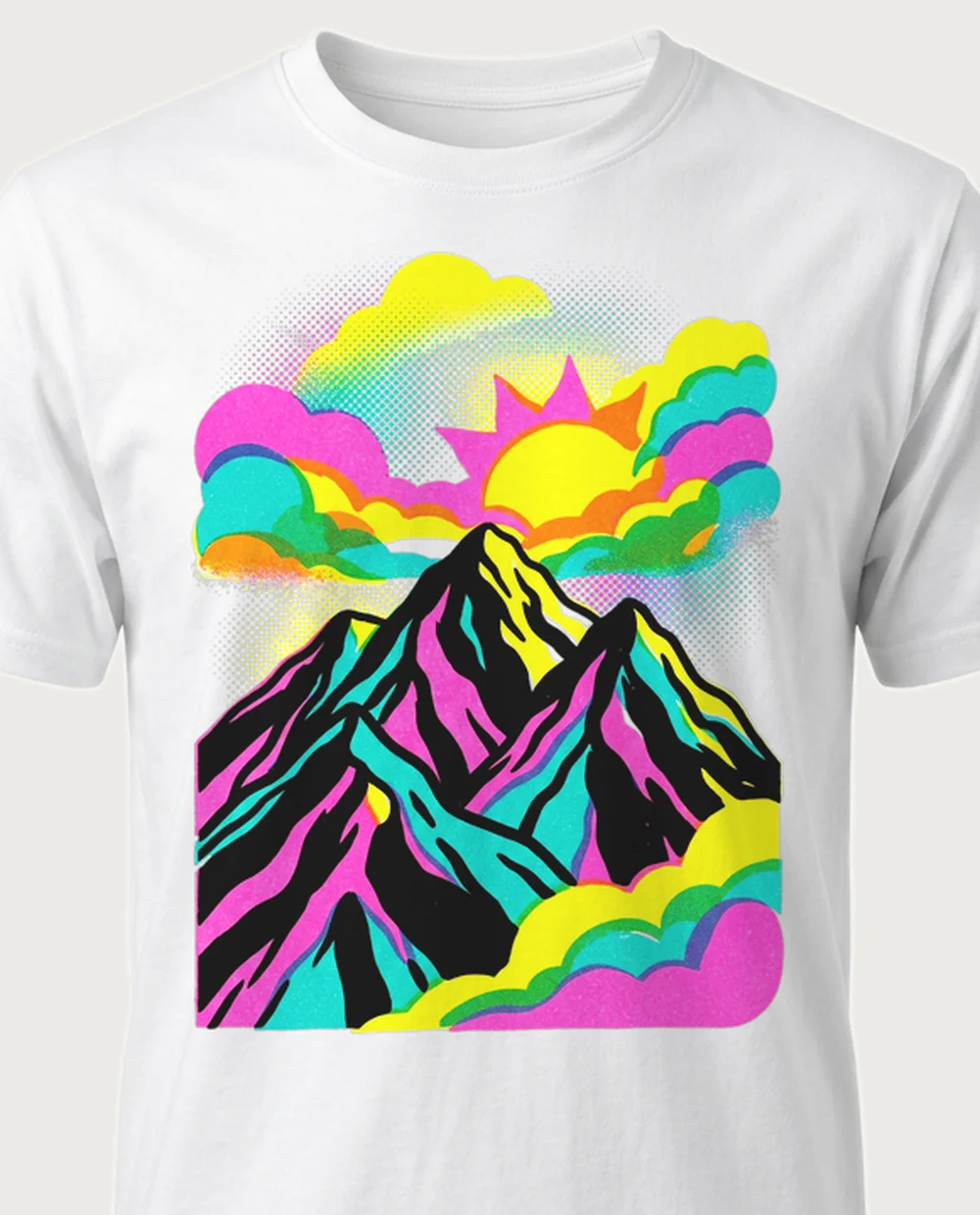 Mountain sun — Risograph graphic on a white tee