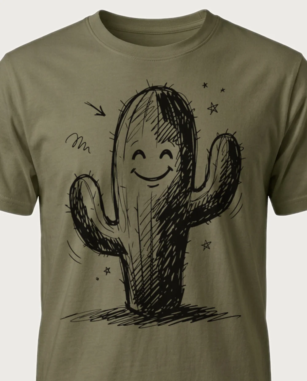 Cactus — Sketch Doodle graphic on a military-green tee