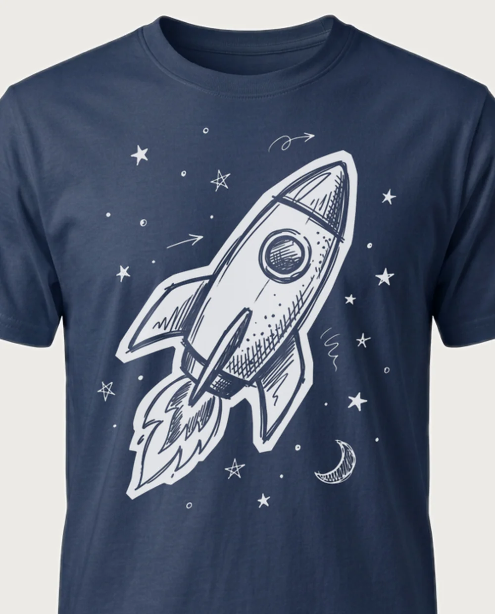 Rocket — Sketch Doodle graphic on a navy tee