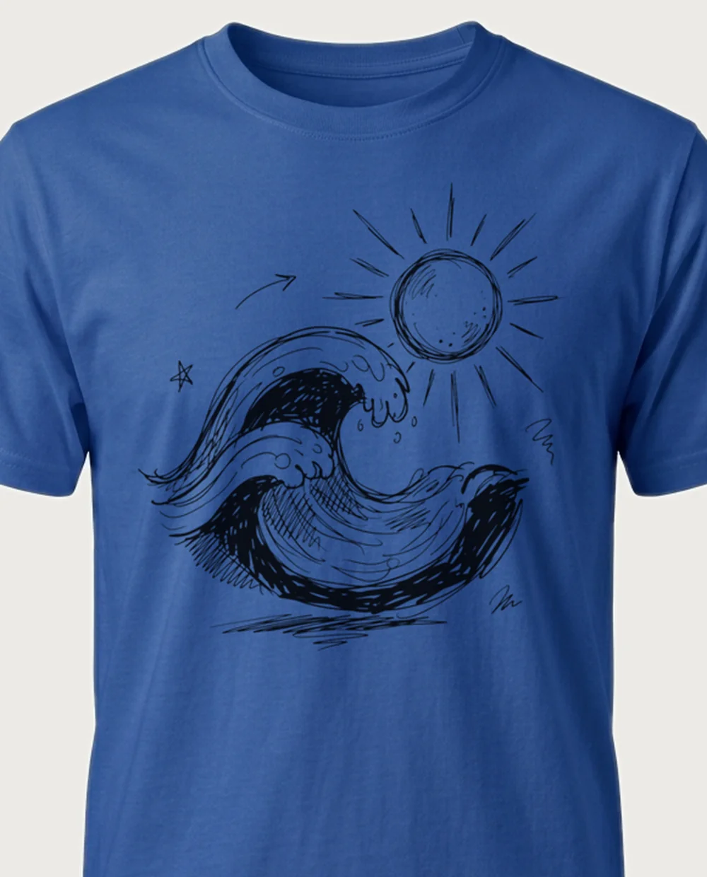 Wave & sun — Sketch Doodle graphic on a royal blue tee