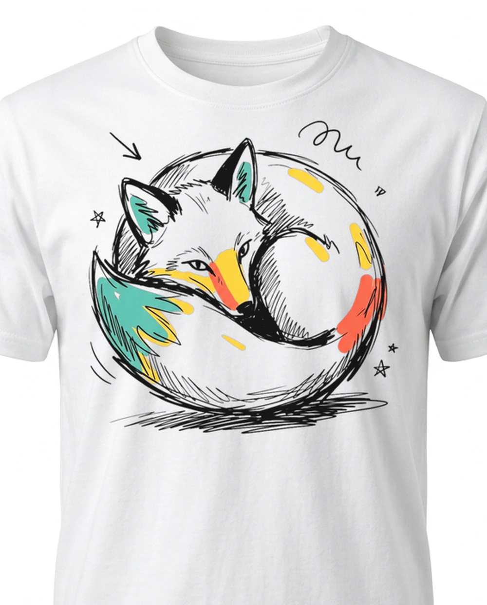 Colour Sketch Doodle graphic — fox on a white tee