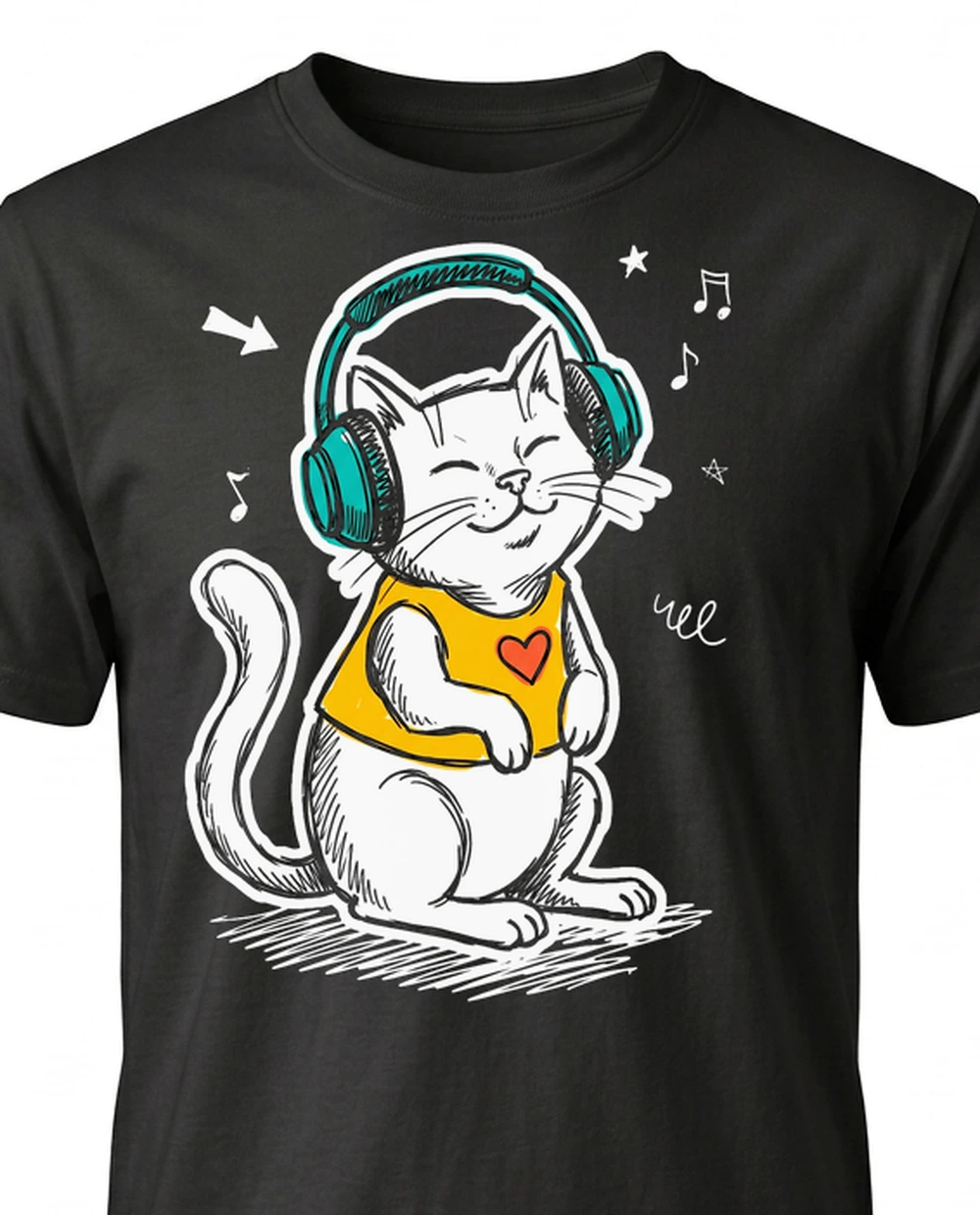Colour Sketch Doodle graphic — cat in headphones on a black tee