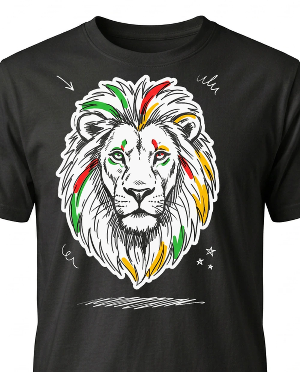 Colour Sketch Doodle graphic — lion on a black tee