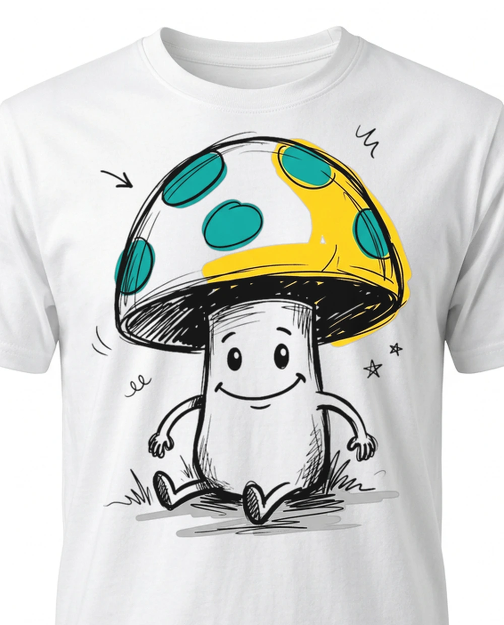 Colour Sketch Doodle graphic — mushroom character on a white tee