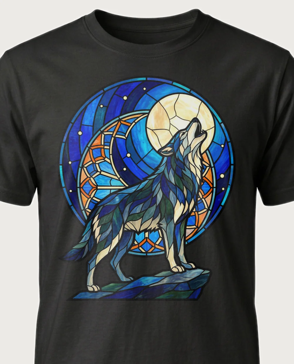 Wolf — Stained Glass graphic on a black tee