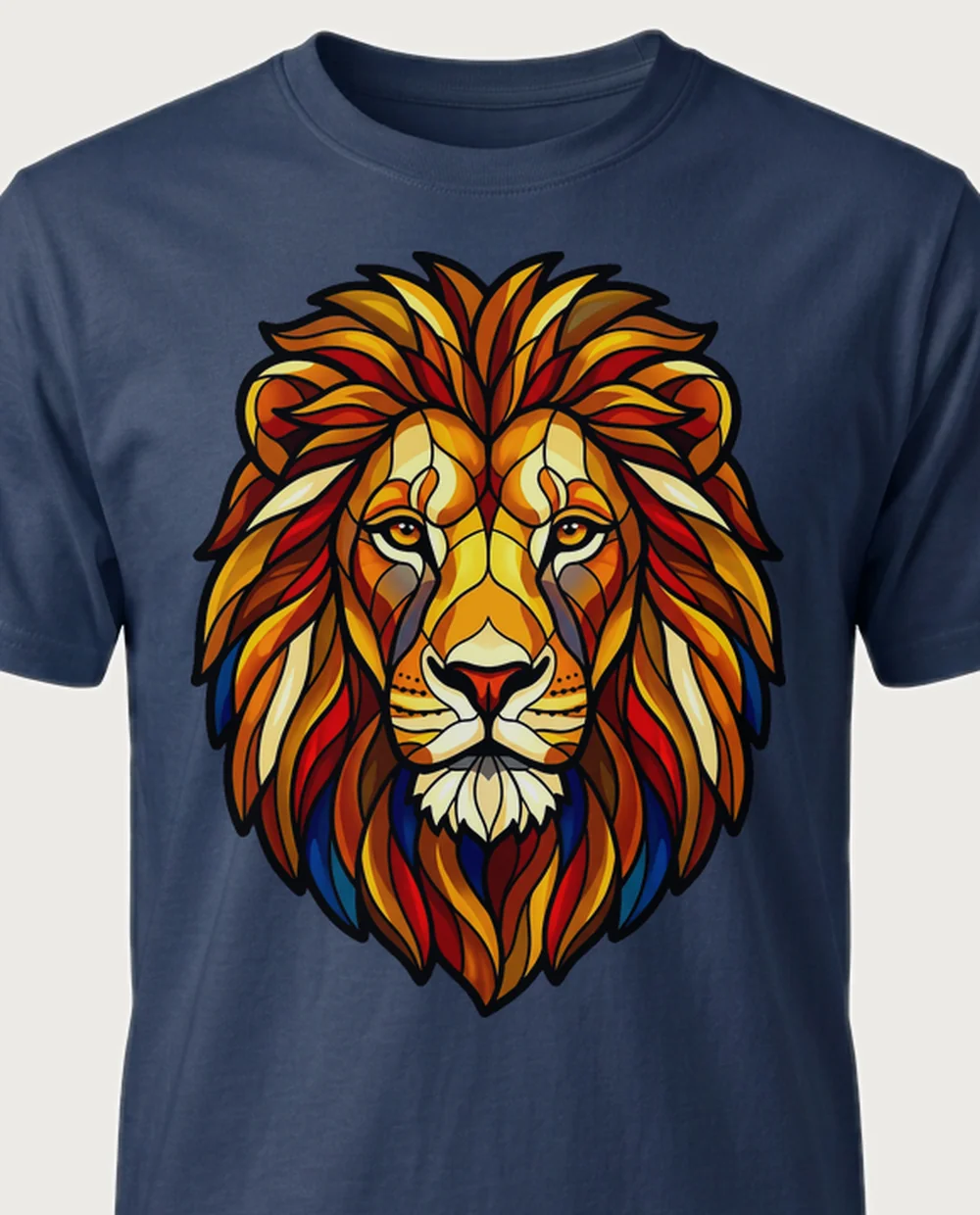 Lion — Stained Glass graphic on a navy tee