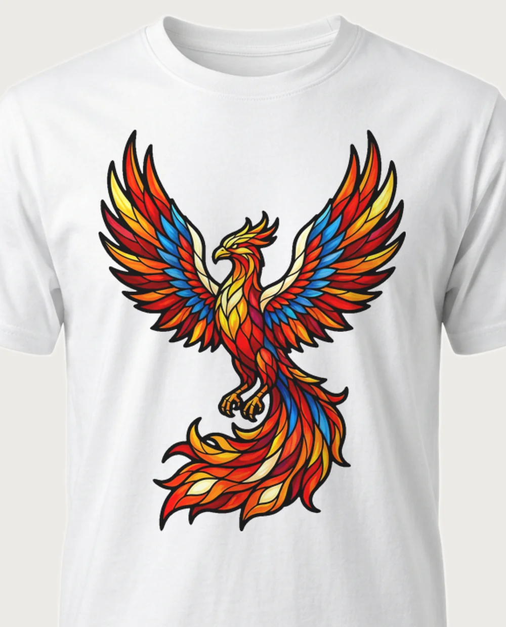 Phoenix — Stained Glass graphic on a white tee