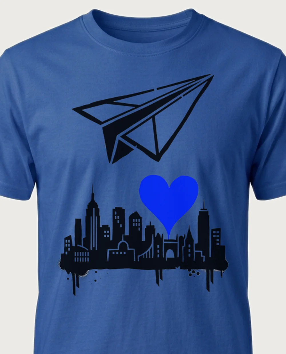 Paper plane — Street Stencil graphic on a royal blue tee