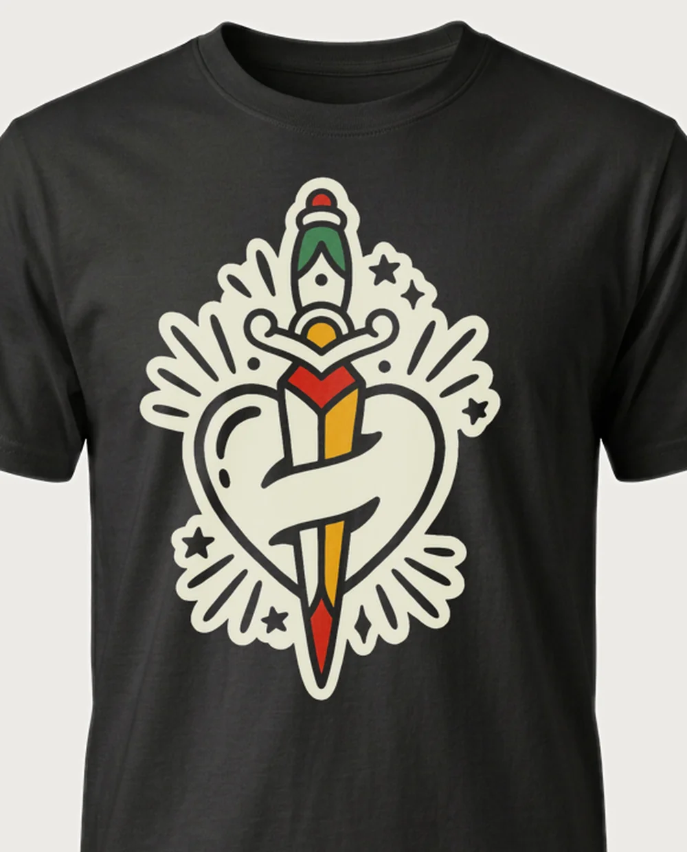 Dagger & heart — Tattoo Flash graphic on a black tee