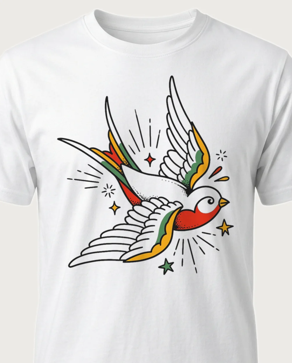 Swallow — Tattoo Flash graphic on a white tee