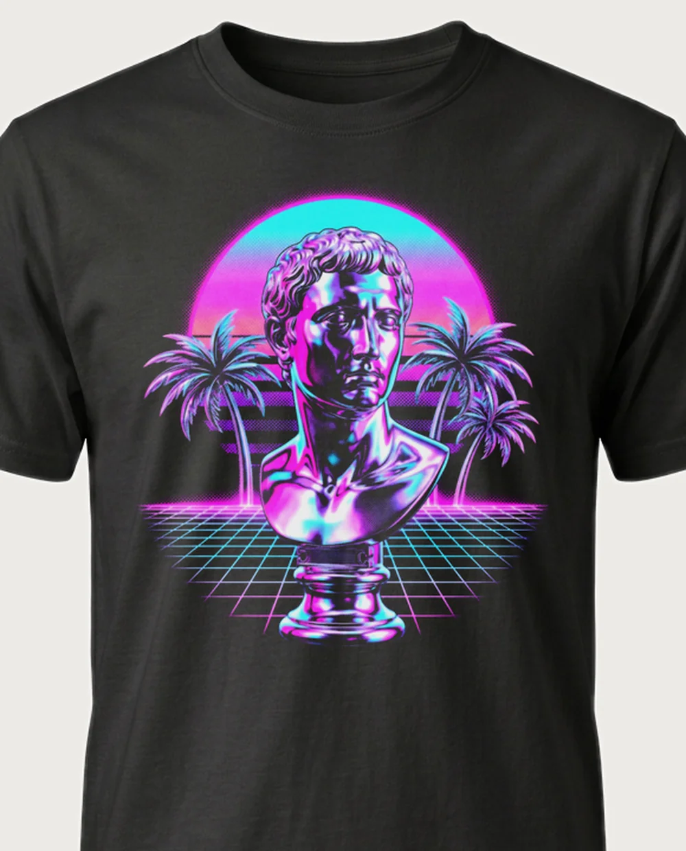 Bust & palms — Vaporwave graphic on a black tee