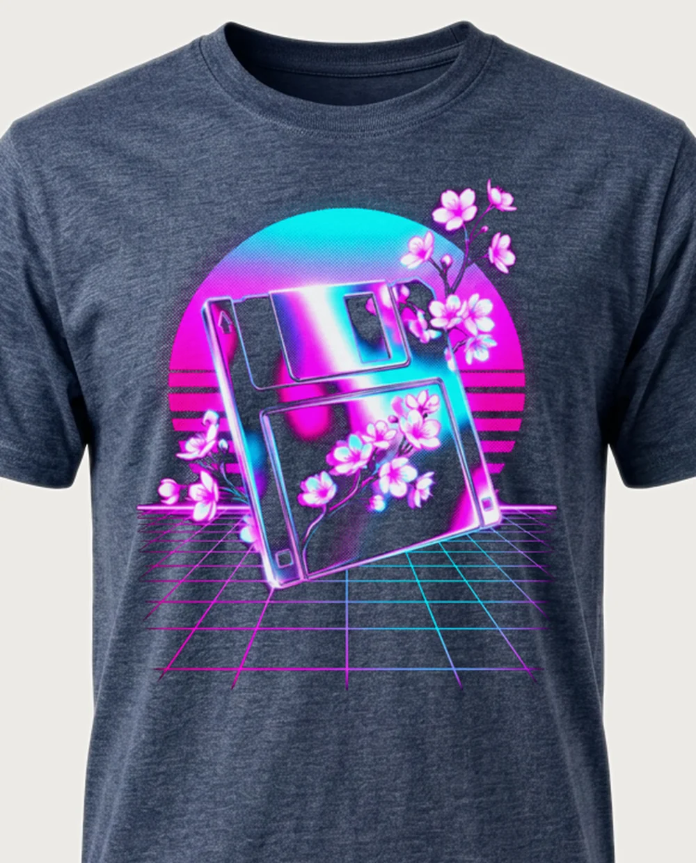 Floppy disk — Vaporwave graphic on a heather navy tee