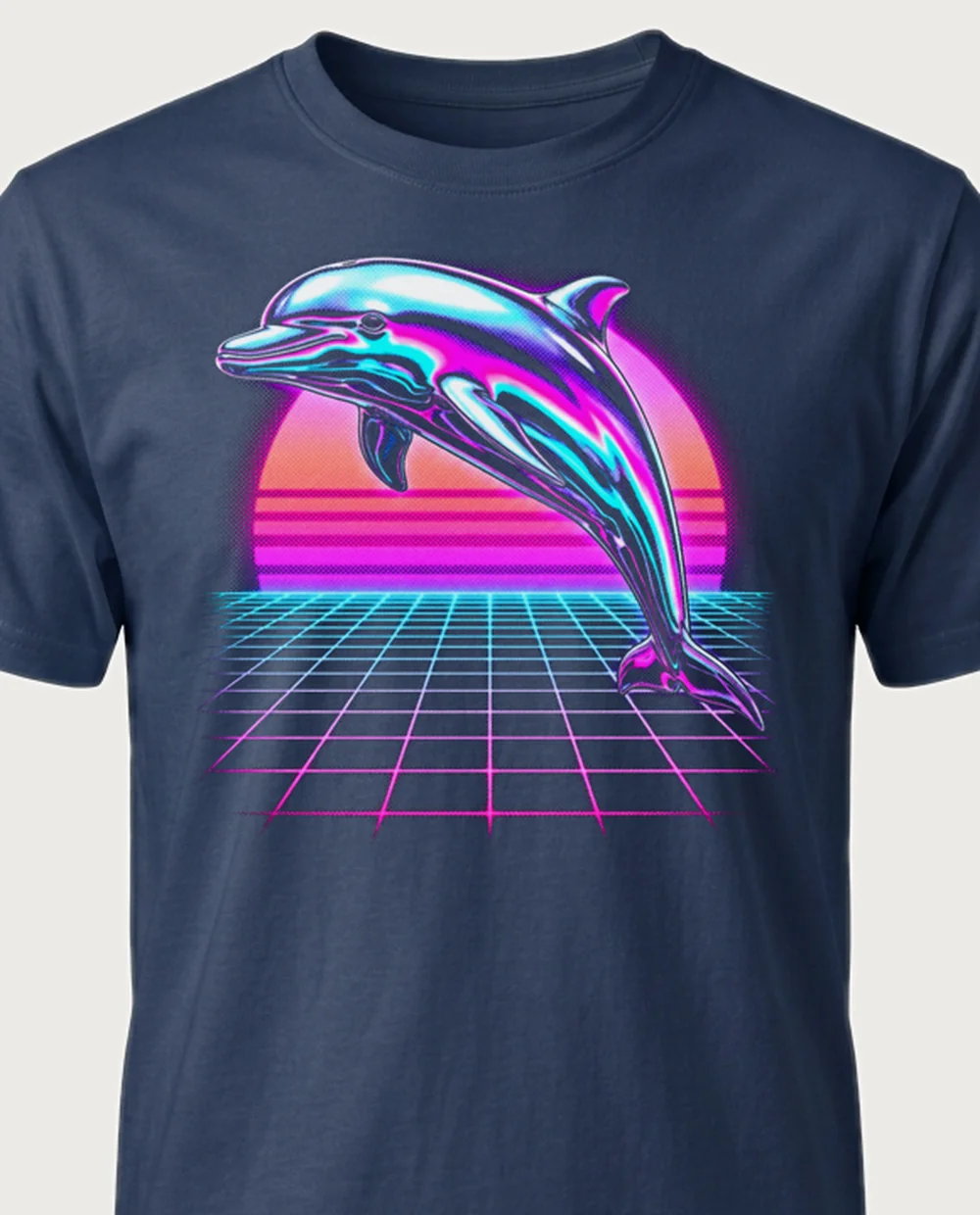 Dolphin — Vaporwave graphic on a navy tee