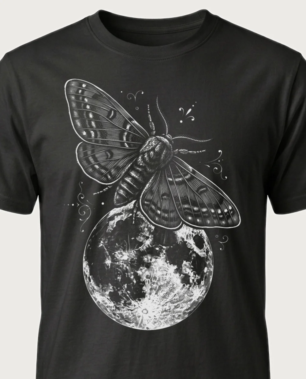 Moth & moon — Vintage Engraving graphic on a black tee