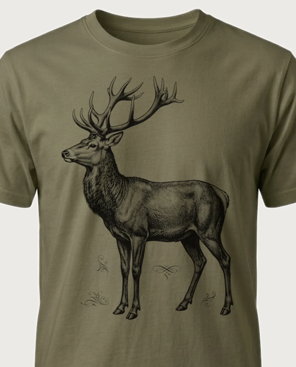 Stag — Vintage Engraving graphic on a military-green tee