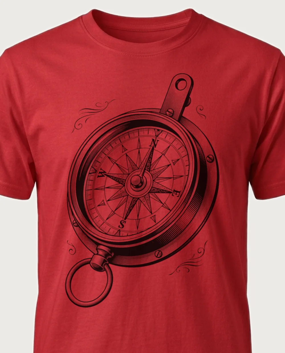 Compass — Vintage Engraving graphic on a red tee