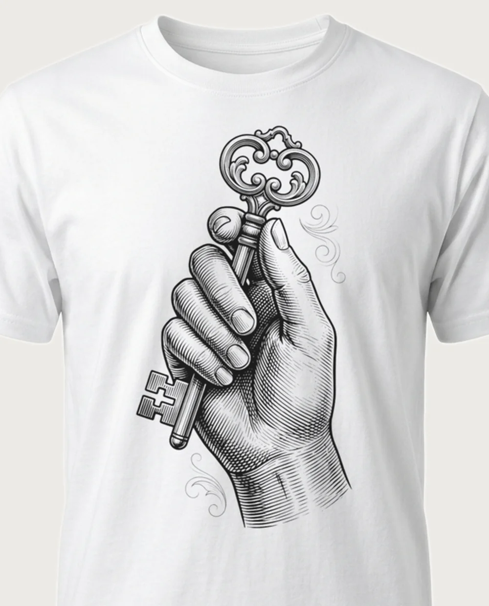 Key — Vintage Engraving graphic on a white tee