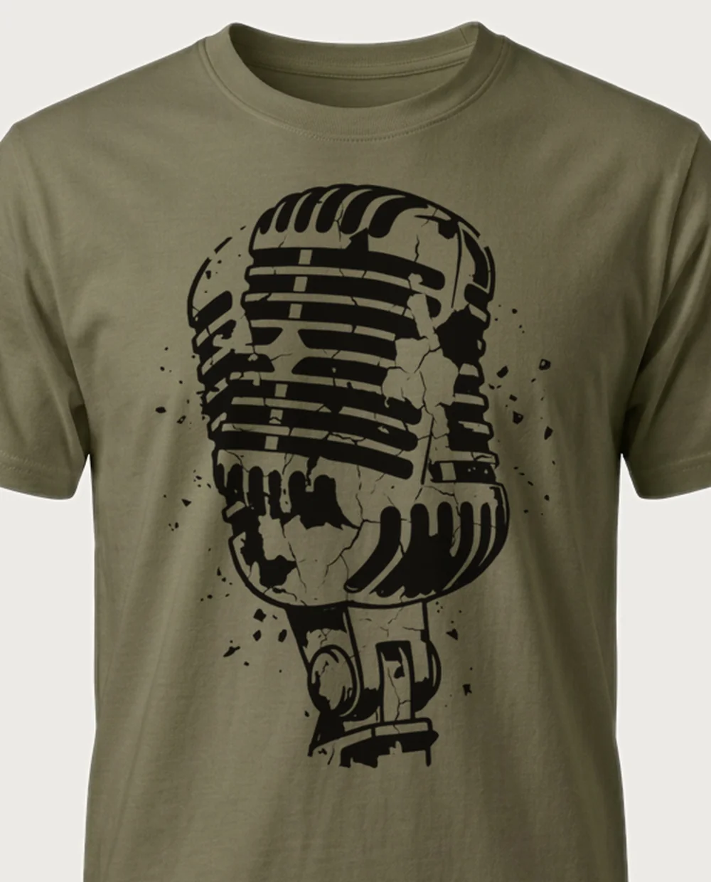 Microphone — Vintage Grunge graphic on a military-green tee