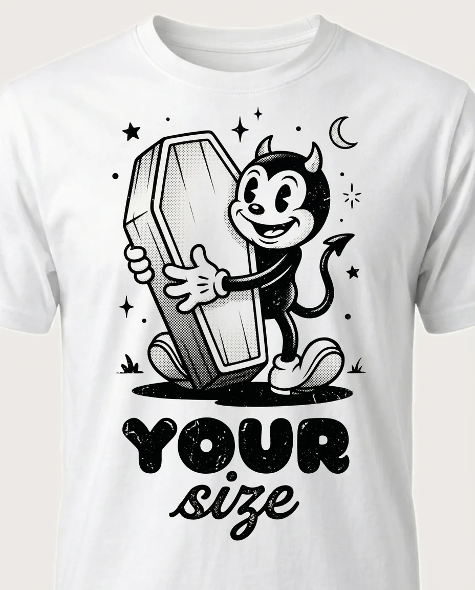 A black rubber-hose devil hugging a coffin on a natural cream tee