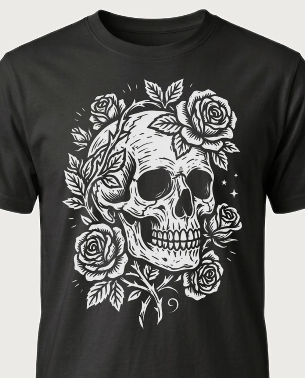 Skull & roses — Woodcut graphic on a black tee