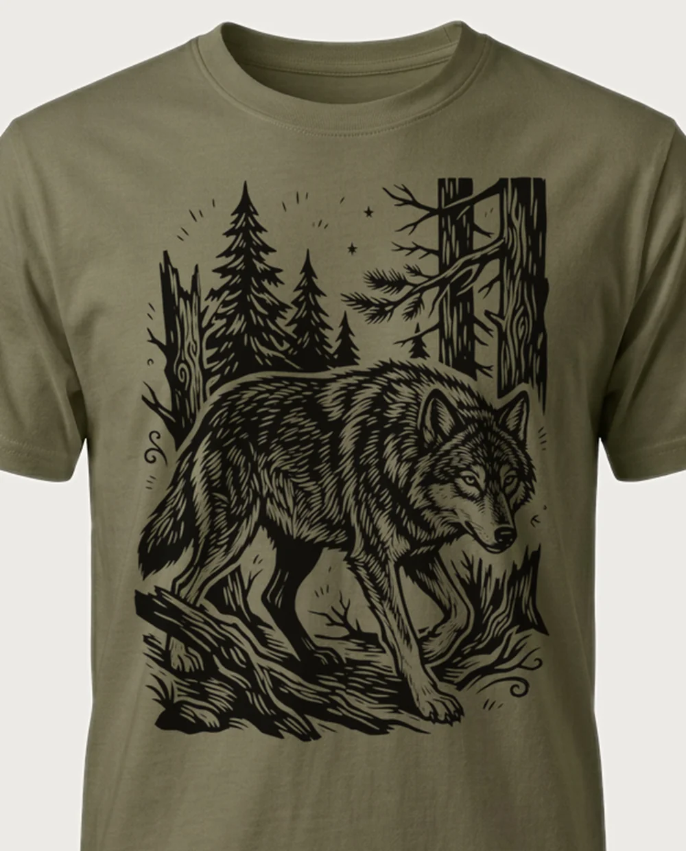 Wolf — Woodcut graphic on a military-green tee