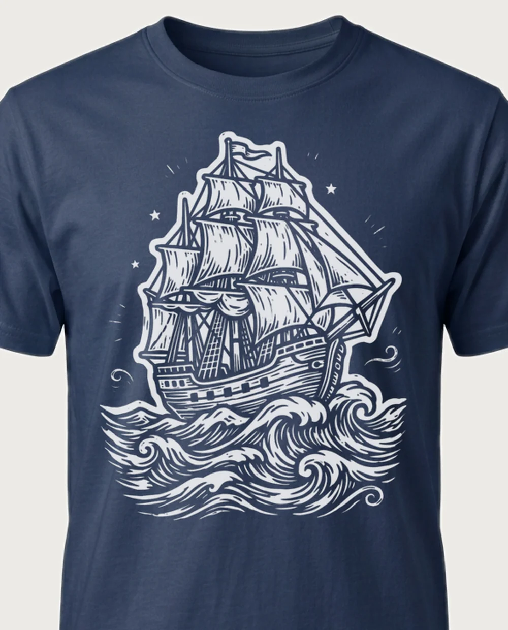 Tall ship — Woodcut graphic on a navy tee