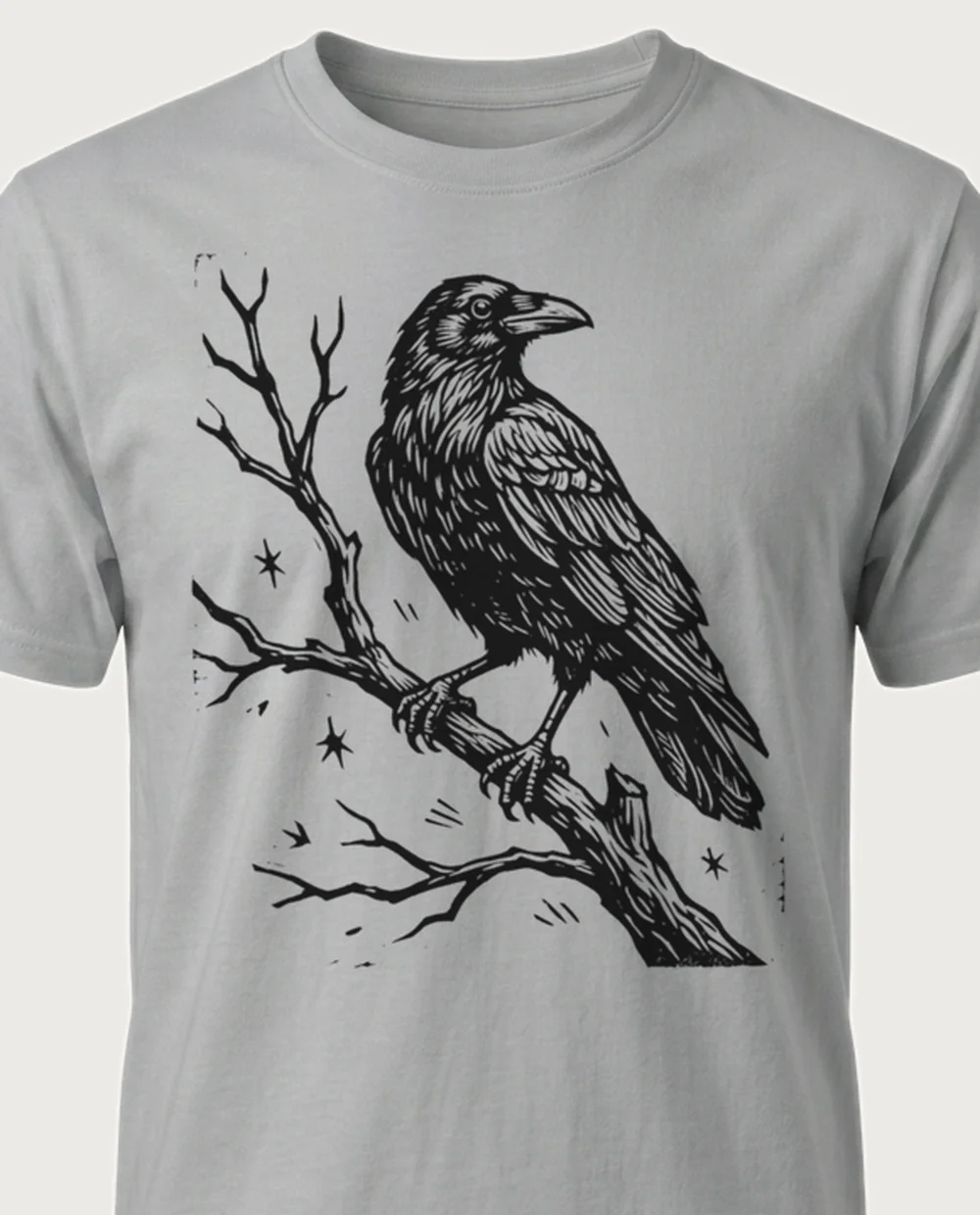 Crow — Woodcut graphic on a sport grey tee