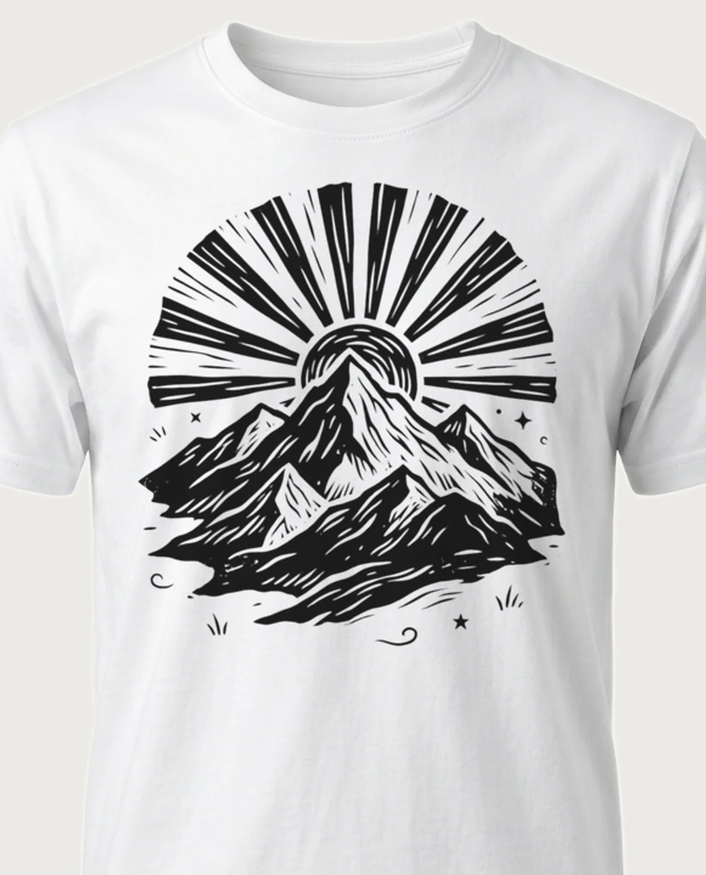 Mountains & sun — Woodcut graphic on a white tee