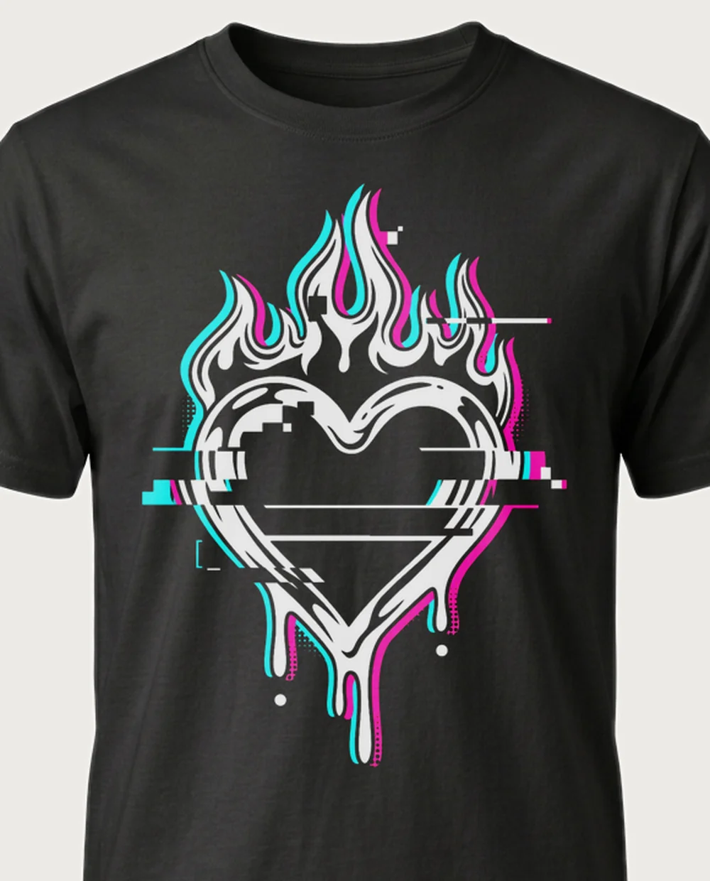 Flaming heart — Y2K Glitch graphic on a black tee