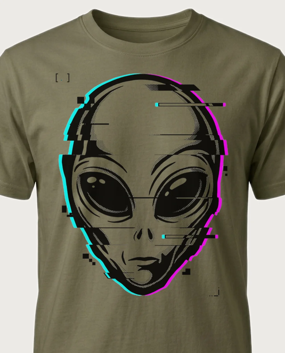 Alien — Y2K Glitch graphic on a military-green tee