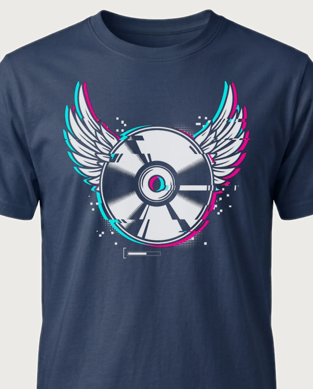 Winged cd — Y2K Glitch graphic on a navy tee