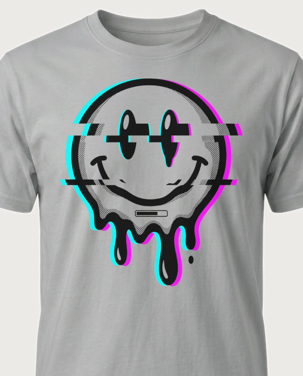 Smiley — Y2K Glitch graphic on a sport grey tee