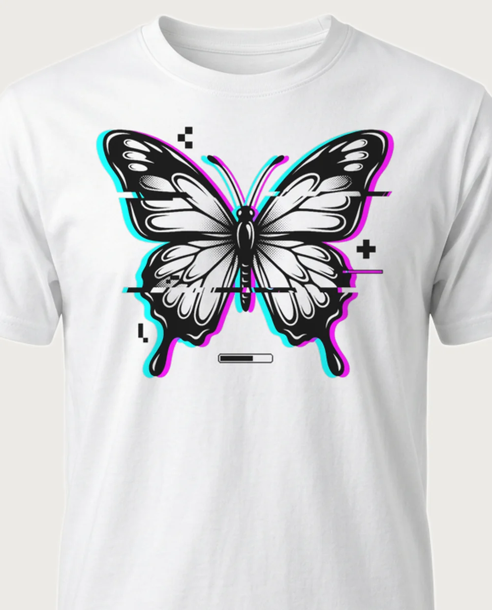 Butterfly — Y2K Glitch graphic on a white tee