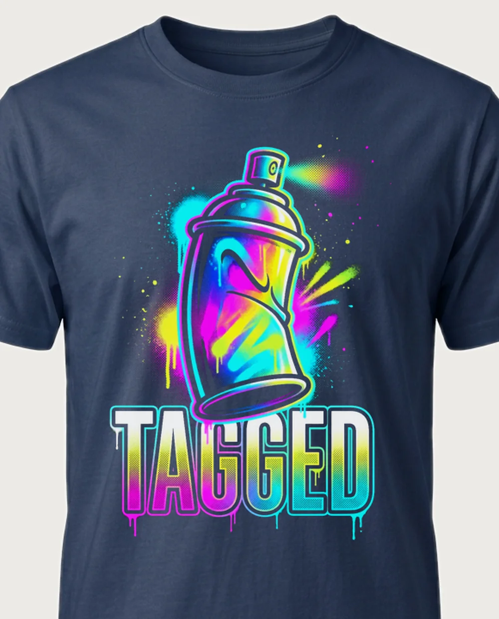 TAGGED spray can — Graffiti on a navy tee