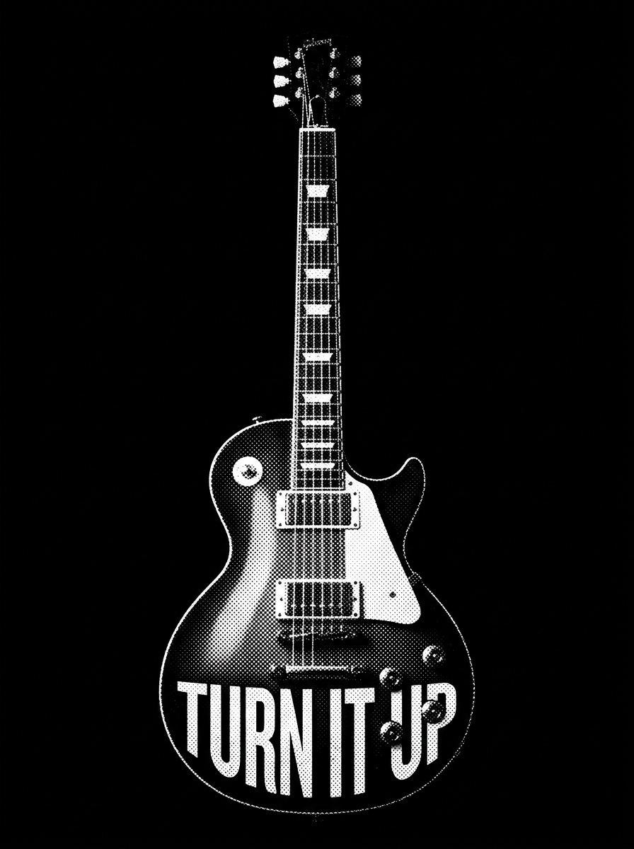 TURN IT UP guitar — Halftone Print, white dots on black