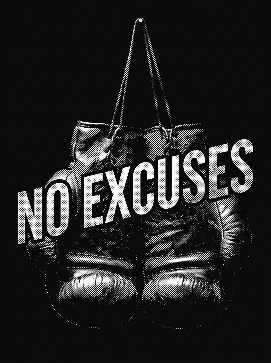 NO EXCUSES boxing gloves — Halftone Print, white on black