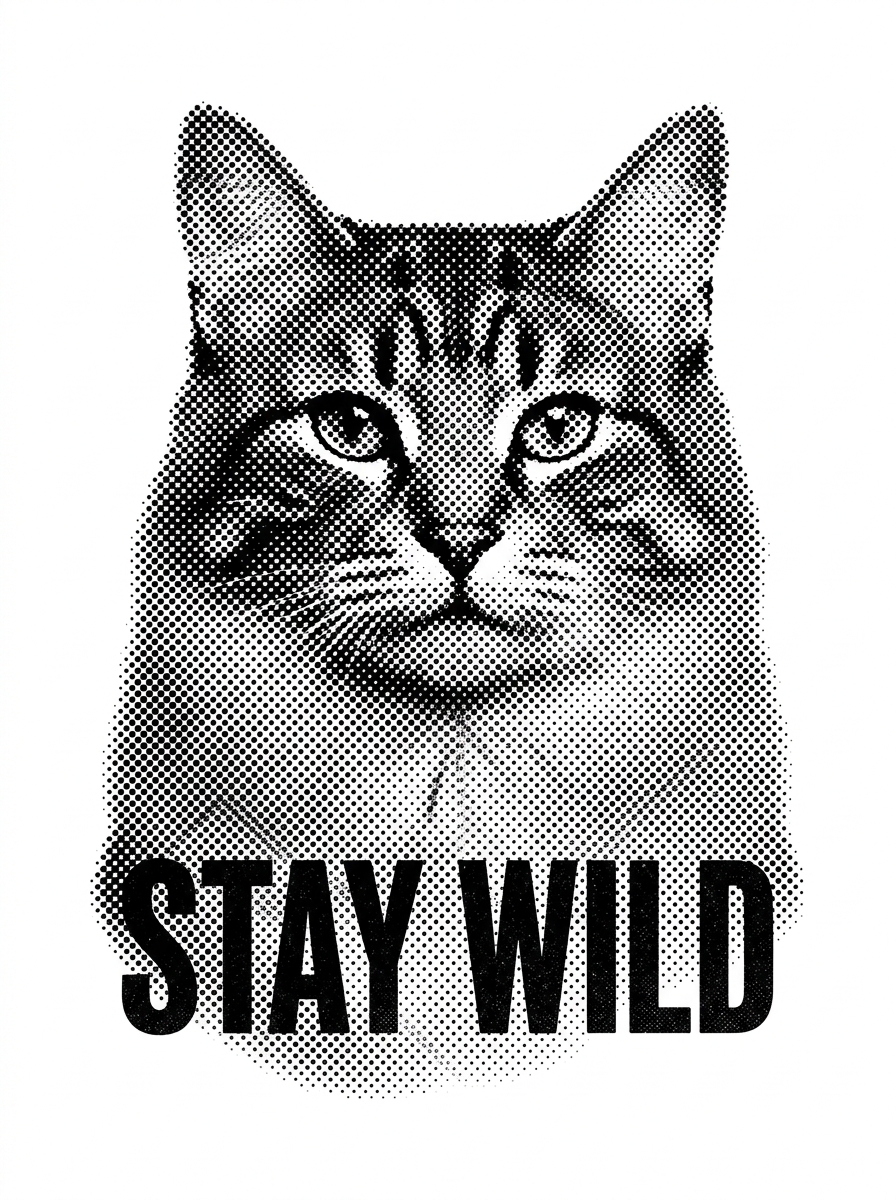 STAY WILD cat — Halftone Print, black dots on white