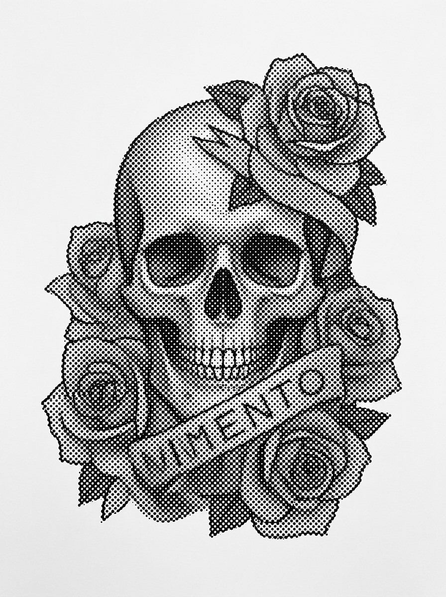 MEMENTO skull & roses — Halftone Print, black on white