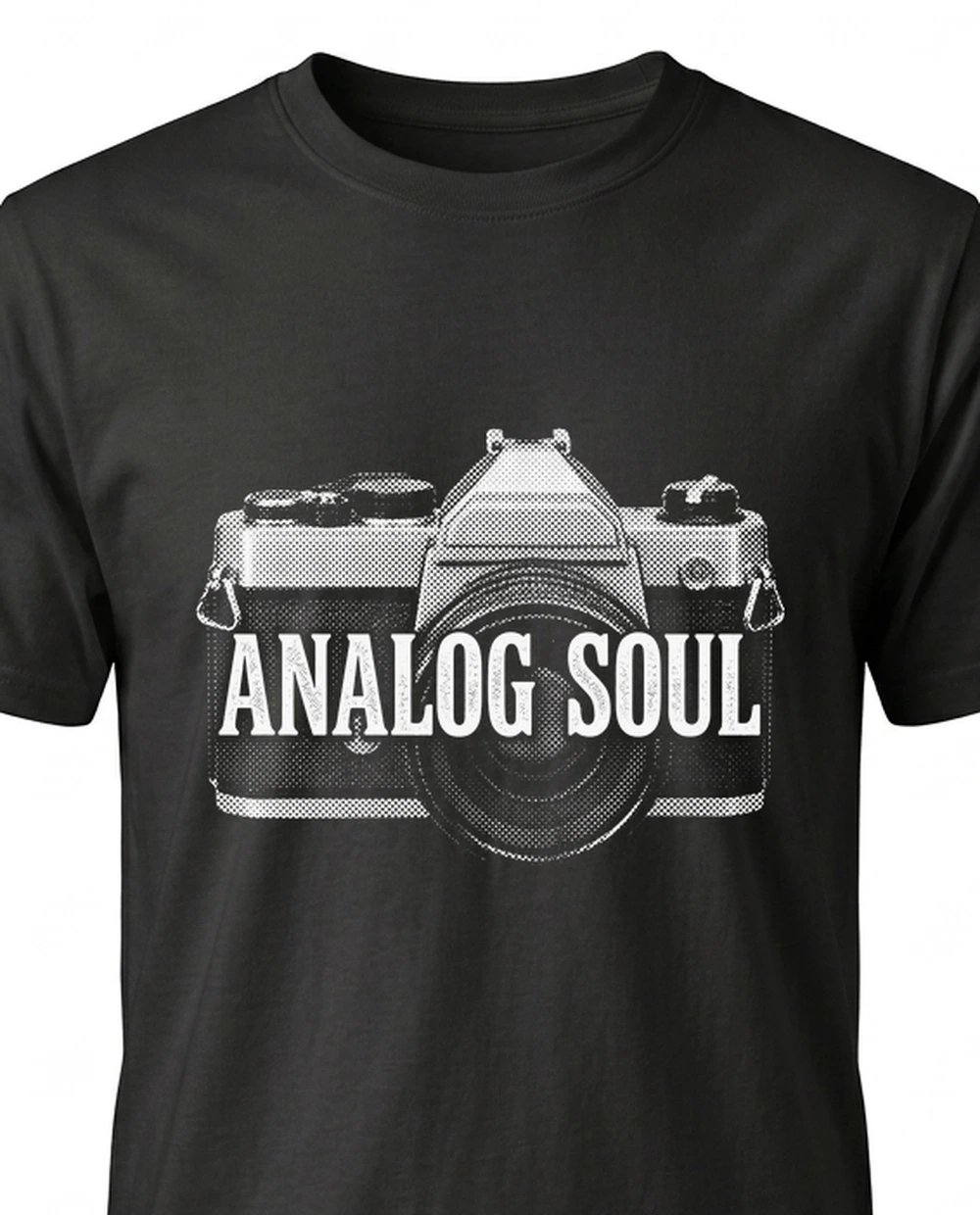 ANALOG SOUL camera — Halftone Print on a black tee