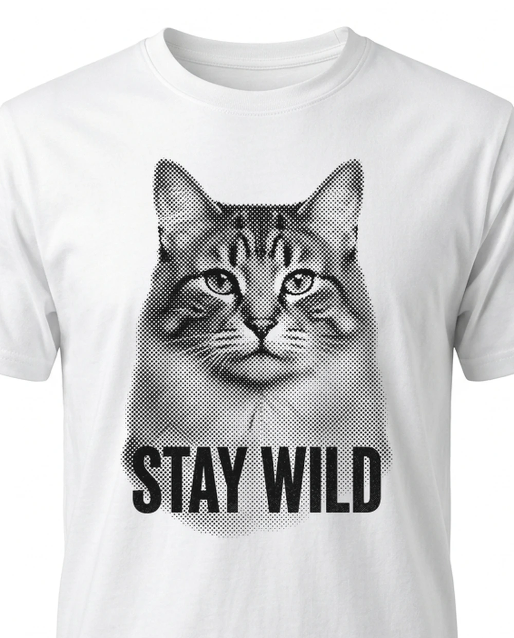 STAY WILD cat — Halftone Print on a white tee