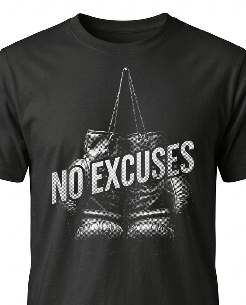 NO EXCUSES boxing gloves — Halftone Print on a black tee